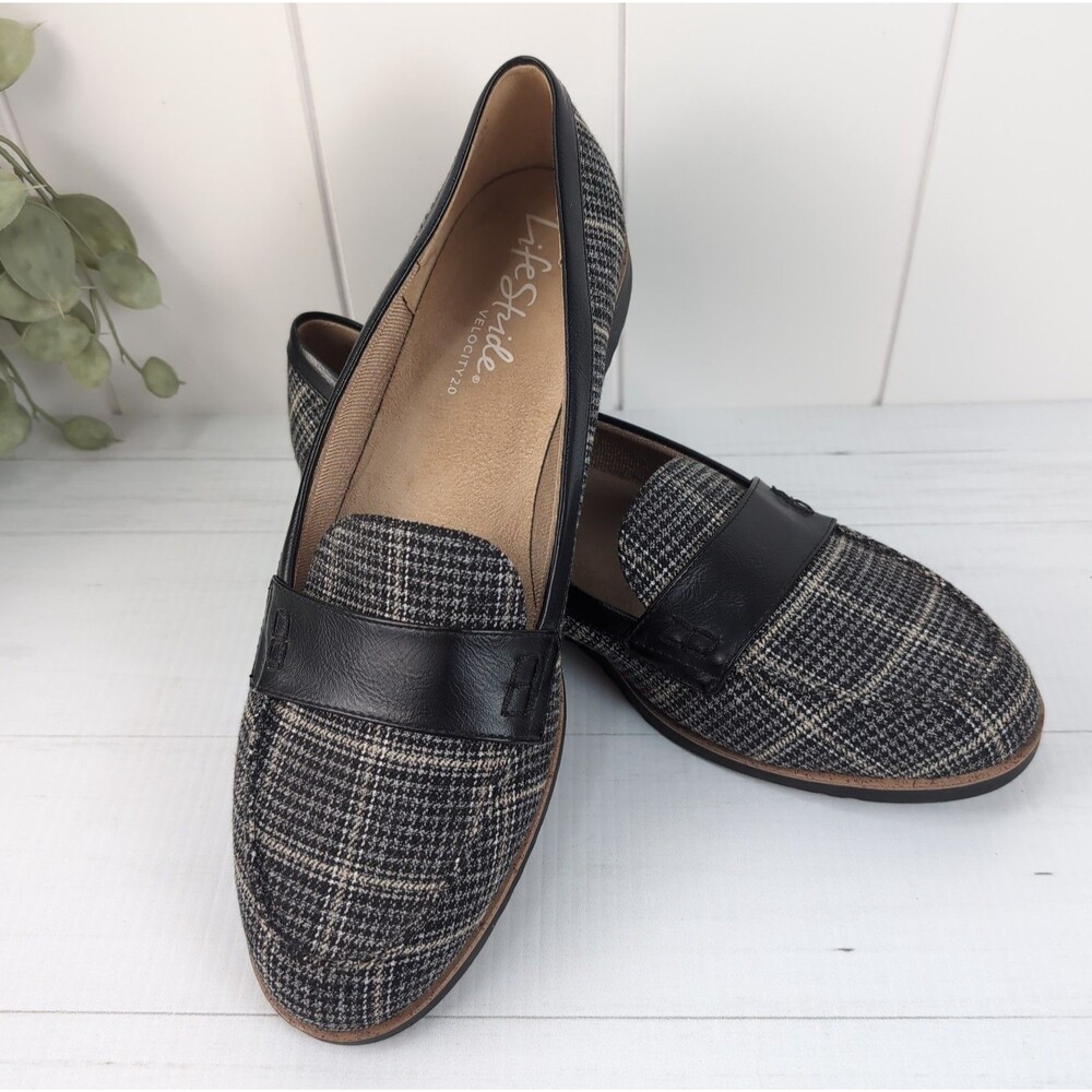 LifeStride Velocity 2.0 ZEE Black White Houndstooth Plaid Penny Loafer Size 11 M